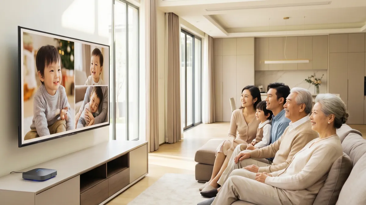 Grandparents viewing family photos on their TV