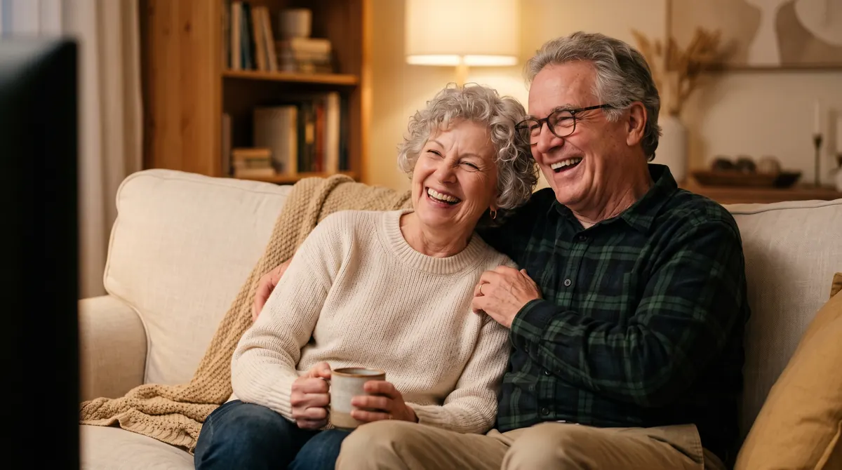 Grandparents laughing together on their sofa while watching family photos