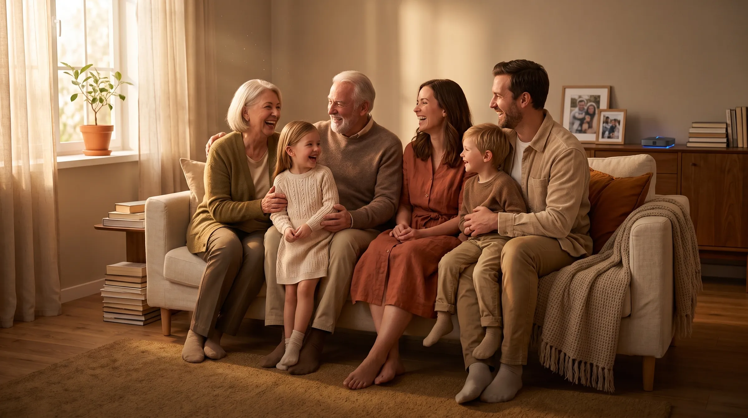 Three generations of a family laughing together at home in golden evening light