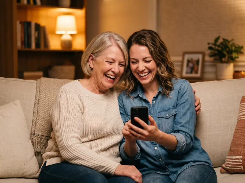 A mother and daughter laughing together at family photos on a phone