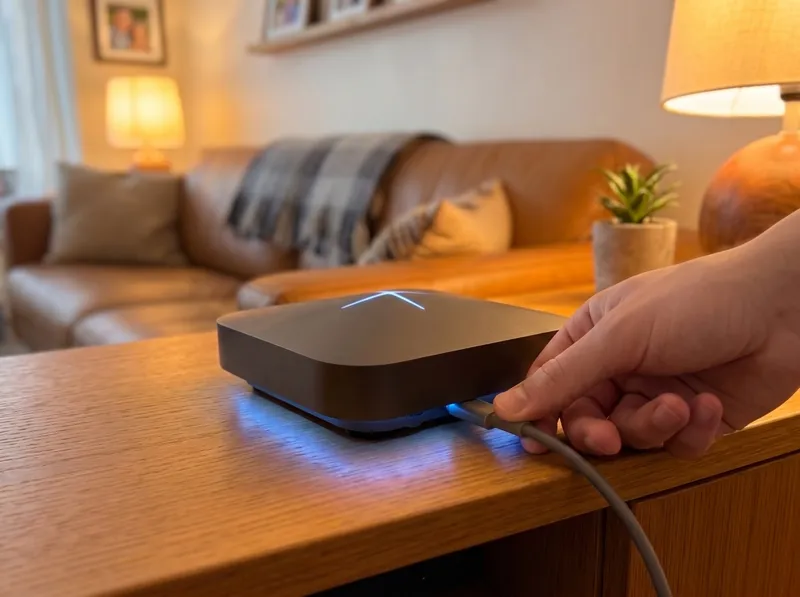A hand plugging The Ark in at home